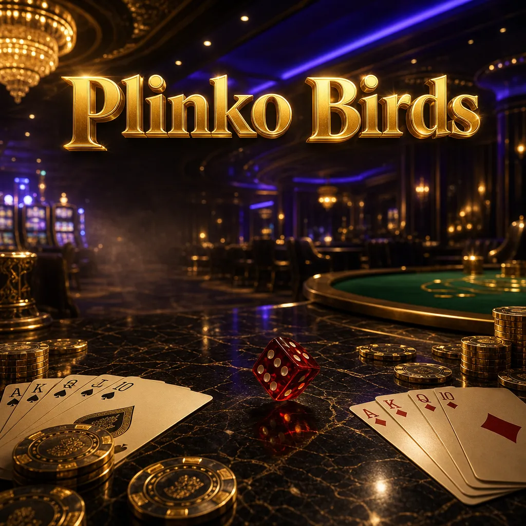 Luxurious dimly-lit casino floor with gold chips, playing cards, ruby dice on dark marble, cinematic Plinko Birds gold logo